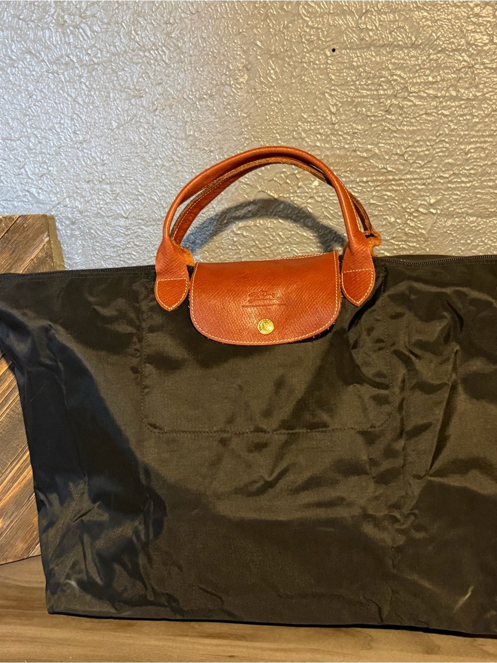 Longchamp type L Black Tote Bag with Brown Leather Trim